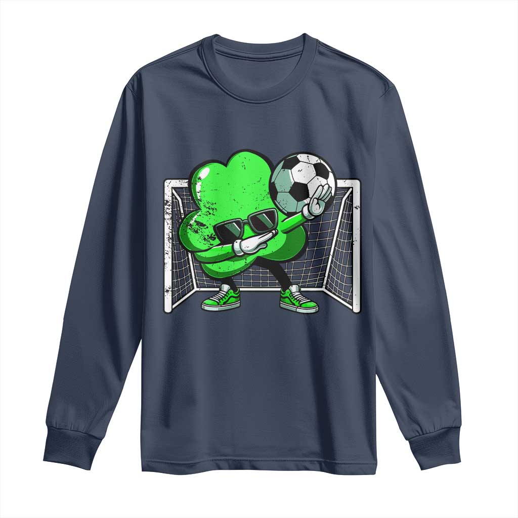 Navy long-sleeve shirt with green soccer shamrock dab graphic