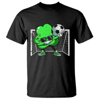 Black crew-neck T-shirt with green soccer player dabbing graphic behind goals