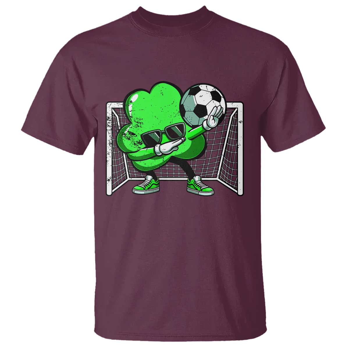 Maroon crew-neck T-shirt with green soccer player dabbing graphic behind goals