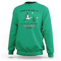 Irish green nurse sweatshirt with green shamrock graphic and Labor & Delivery text
