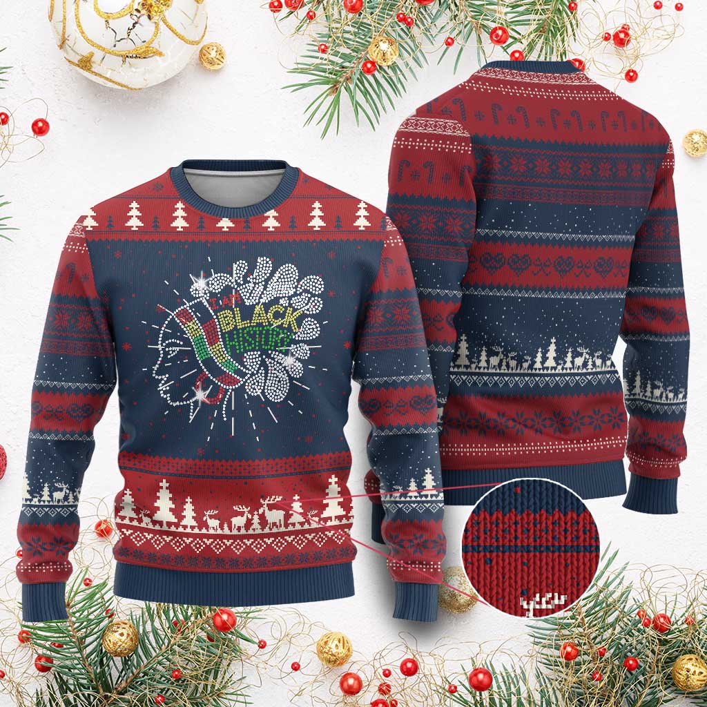 Knitted sweatshirt with crew neck, navy and burgundy festive pattern and sparkly graphic