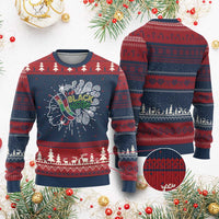 Knitted sweatshirt with crew neck, navy and burgundy festive pattern and sparkly graphic