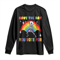 Black long-sleeve shirt with skeleton rainbow graphic and vote text