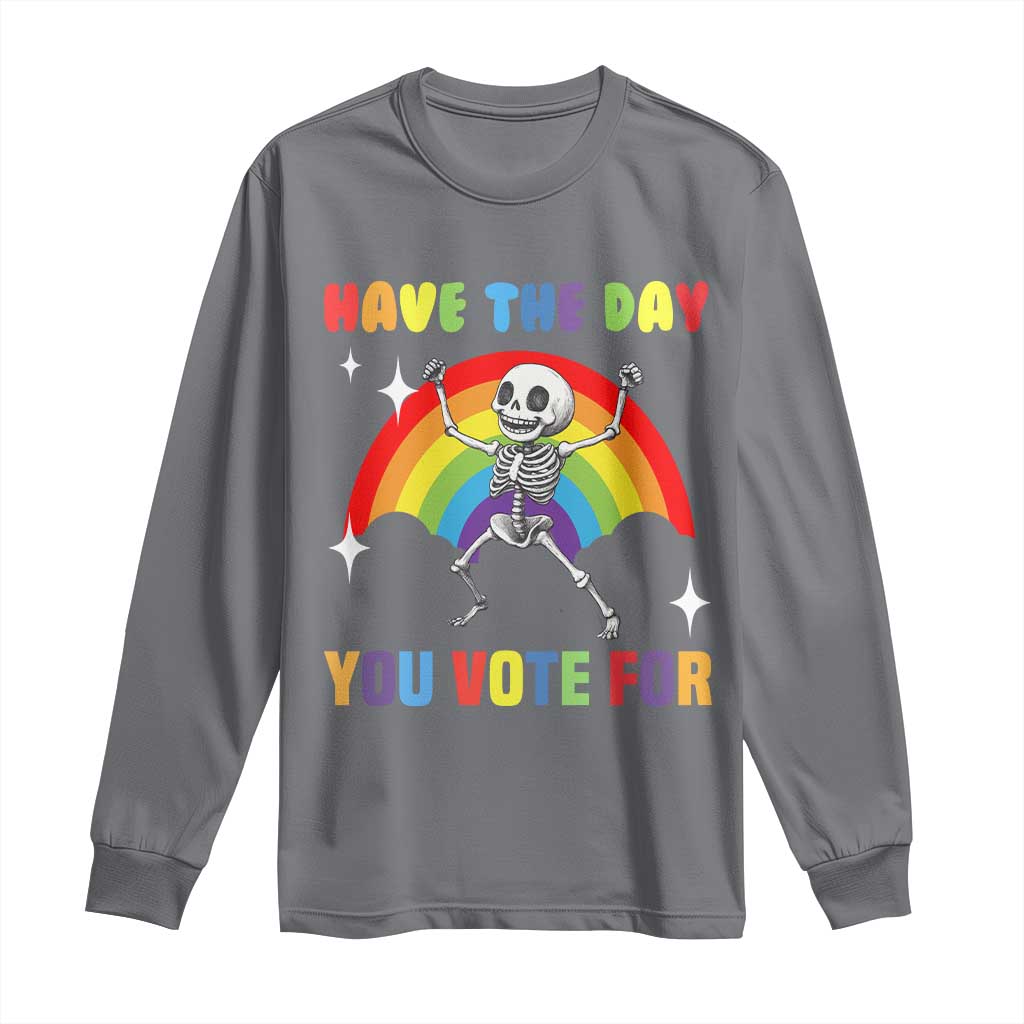 Charcoal long-sleeve shirt with skeleton rainbow graphic and vote text