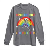 Charcoal long-sleeve shirt with skeleton rainbow graphic and vote text