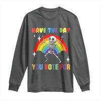 Dark heather long-sleeve shirt with skeleton rainbow graphic and vote text
