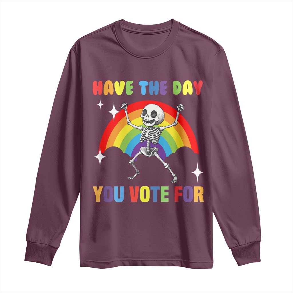 Maroon long-sleeve shirt with skeleton rainbow graphic and vote text