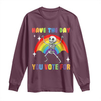 Maroon long-sleeve shirt with skeleton rainbow graphic and vote text