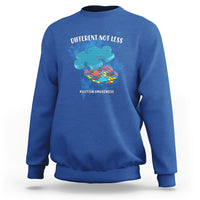 Royal blue crewneck sweatshirt with “DIFFERENT NOT LESS” autism awareness graphic
