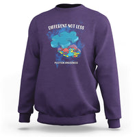 Purple crewneck sweatshirt with “DIFFERENT NOT LESS” autism awareness graphic