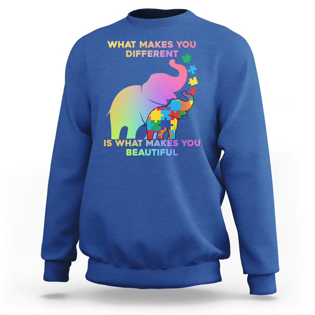 Royal blue crewneck sweatshirt with autism elephant graphic and 'What makes you different' text