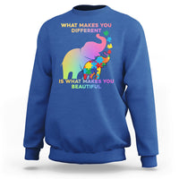 Royal blue crewneck sweatshirt with autism elephant graphic and 'What makes you different' text