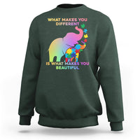 Forest green crewneck sweatshirt with autism elephant graphic and 'What makes you different' text