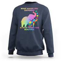 Navy crewneck sweatshirt with autism elephant graphic and 'What makes you different' text