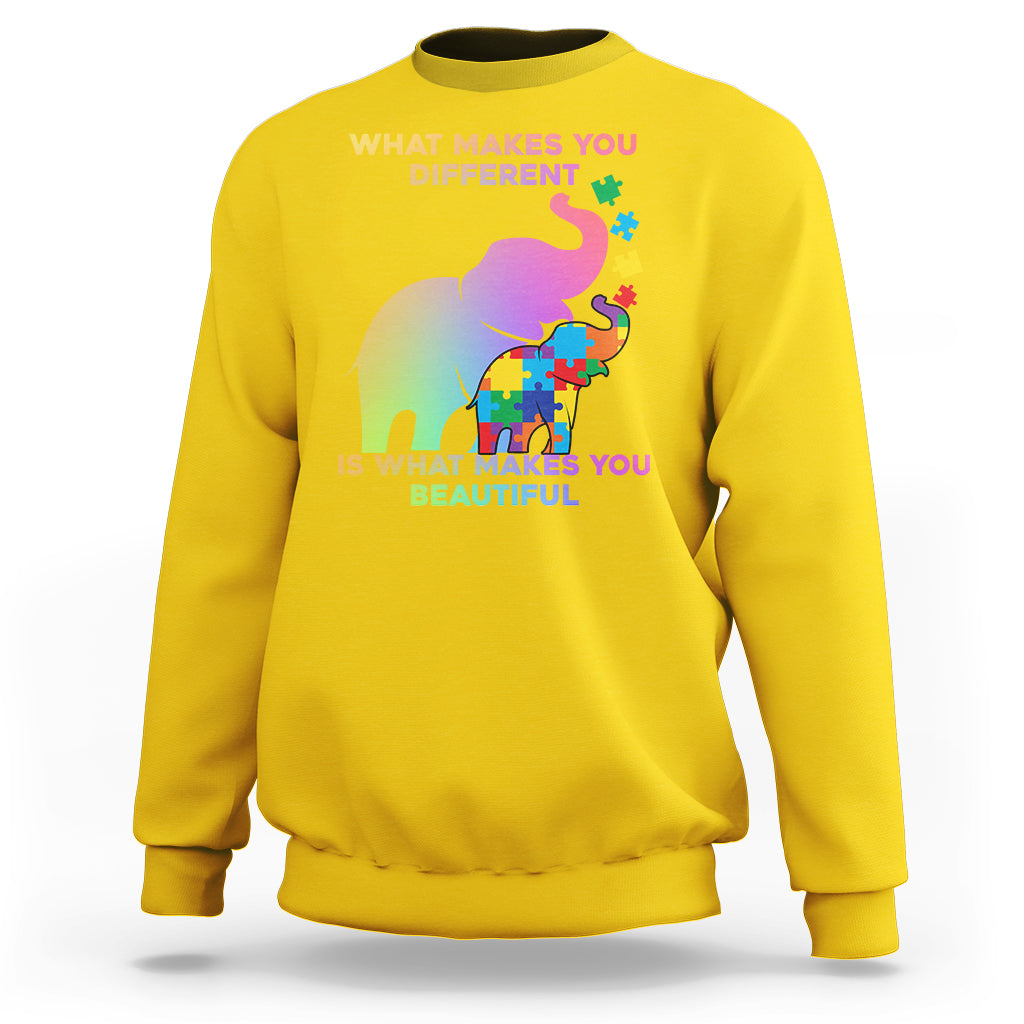 Daisy yellow crewneck sweatshirt with autism elephant graphic and 'What makes you different' text