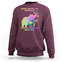 Maroon crewneck sweatshirt with autism elephant graphic and 'What makes you different' text