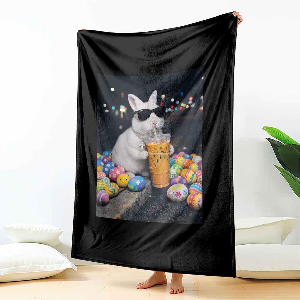 Cool Easter Bunny Drinking Iced Coffee Graphic Throw Blanket Funny Sunglasses Rabbit Spring Aesthetic