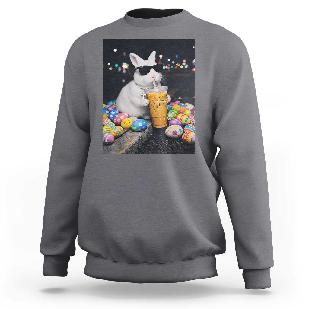 Cool Easter Bunny Drinking Iced Coffee Graphic Sweatshirt Funny Sunglasses Rabbit Spring Aesthetic