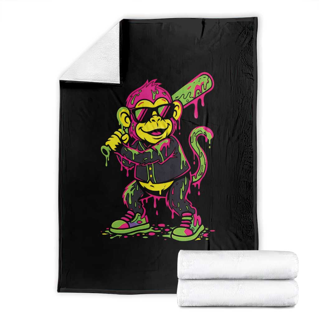 Neon Dripping Monkey Baseball Graphic Throw Blanket Ball Party Game Day Vibes