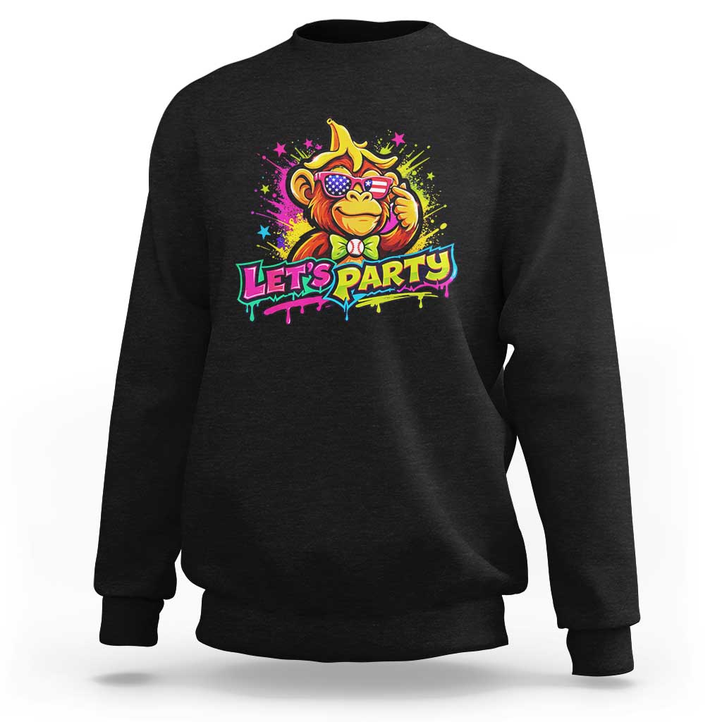 Lets Party Baseball Monkey Colorful Graphic Sweatshirt American Flag Game Day Fans Ball Party Vibes