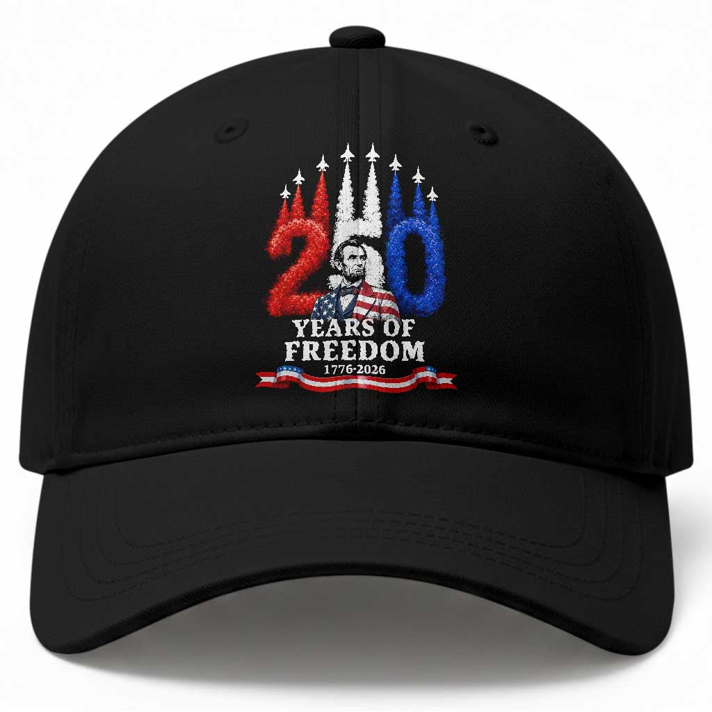 250 Years of Freedom Abraham Lincoln Patriotic Baseball Cap US Fighter Jets Red White and Blue 1776 to 2026 Semiquincentennial
