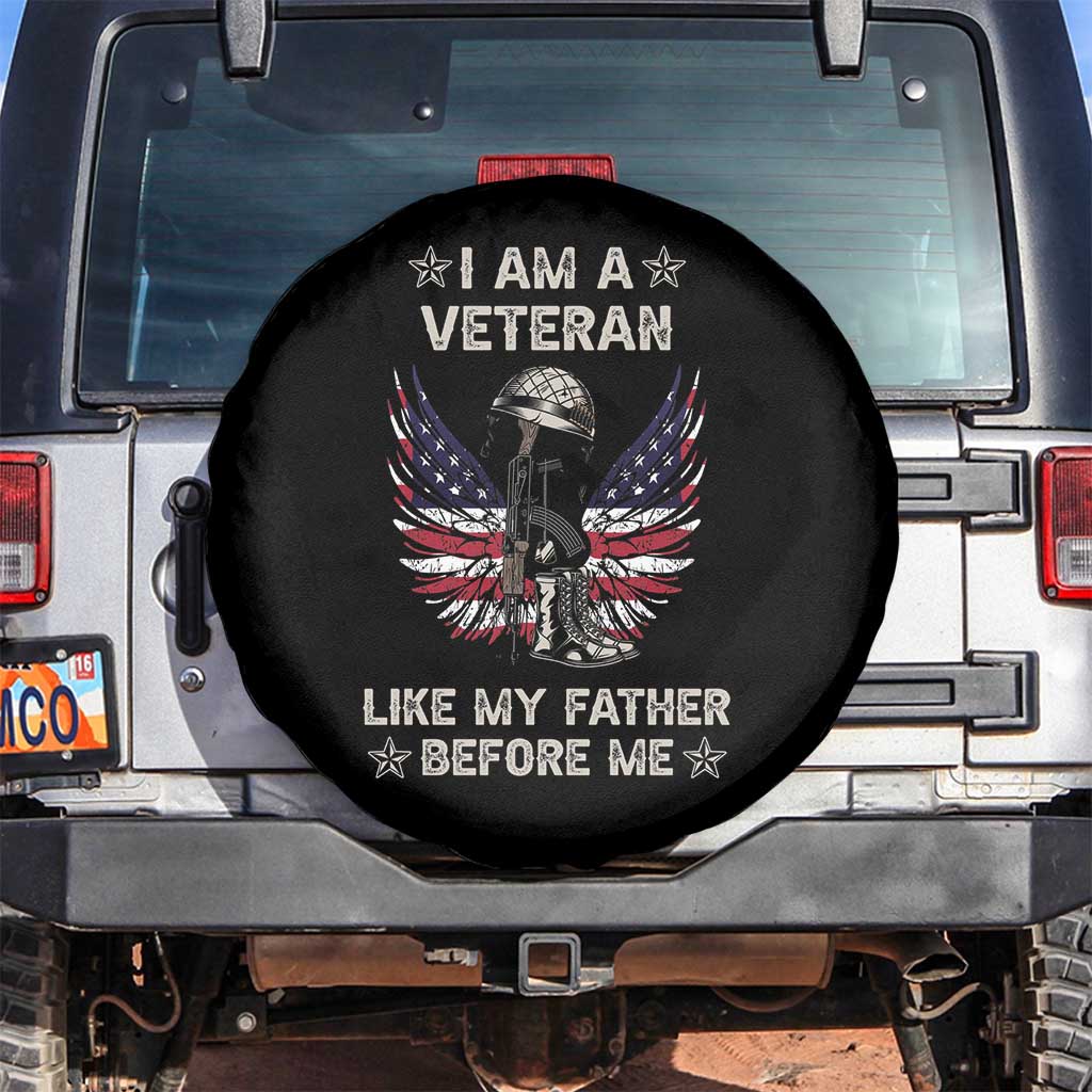 Veteran Spare Tire Cover I Am Like My Father Before Me American Angel Wings Comnbat Boots And Dog Tags