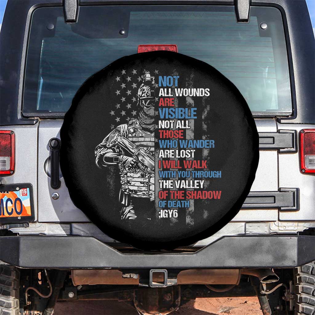 Veteran PTSD Spare Tire Cover Not All Wounds Are Visible Not All Those Who Wander Are Lost American Flag Soldier