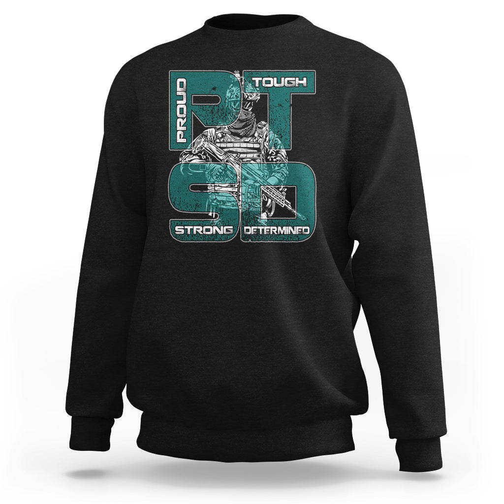 Black crewneck sweatshirt with teal ribbon PTSD awareness graphic on chest
