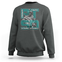 Heather gray crewneck sweatshirt with teal ribbon PTSD awareness graphic on chest