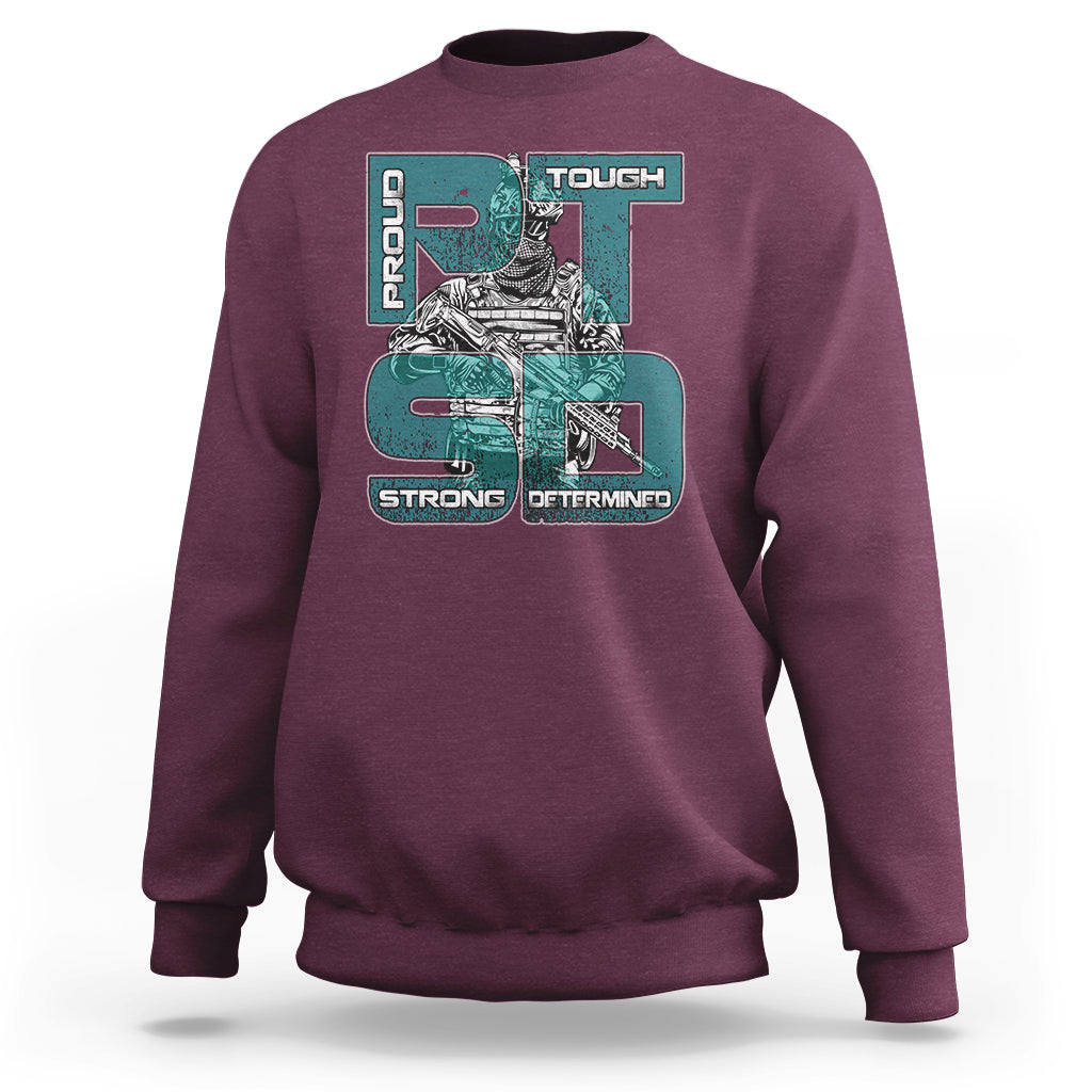 Maroon crewneck sweatshirt with teal ribbon PTSD awareness graphic on chest