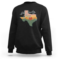 Black crewneck sweatshirt with Texas map graphic and “Hill Country Strong” text