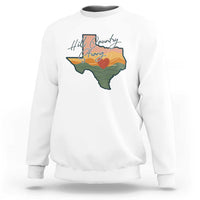 White crewneck sweatshirt with Texas map graphic and “Hill Country Strong” text