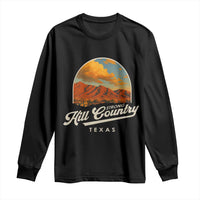 Black long sleeve shirt with desert mountain logo and 'Hill Country Strong Texas' print