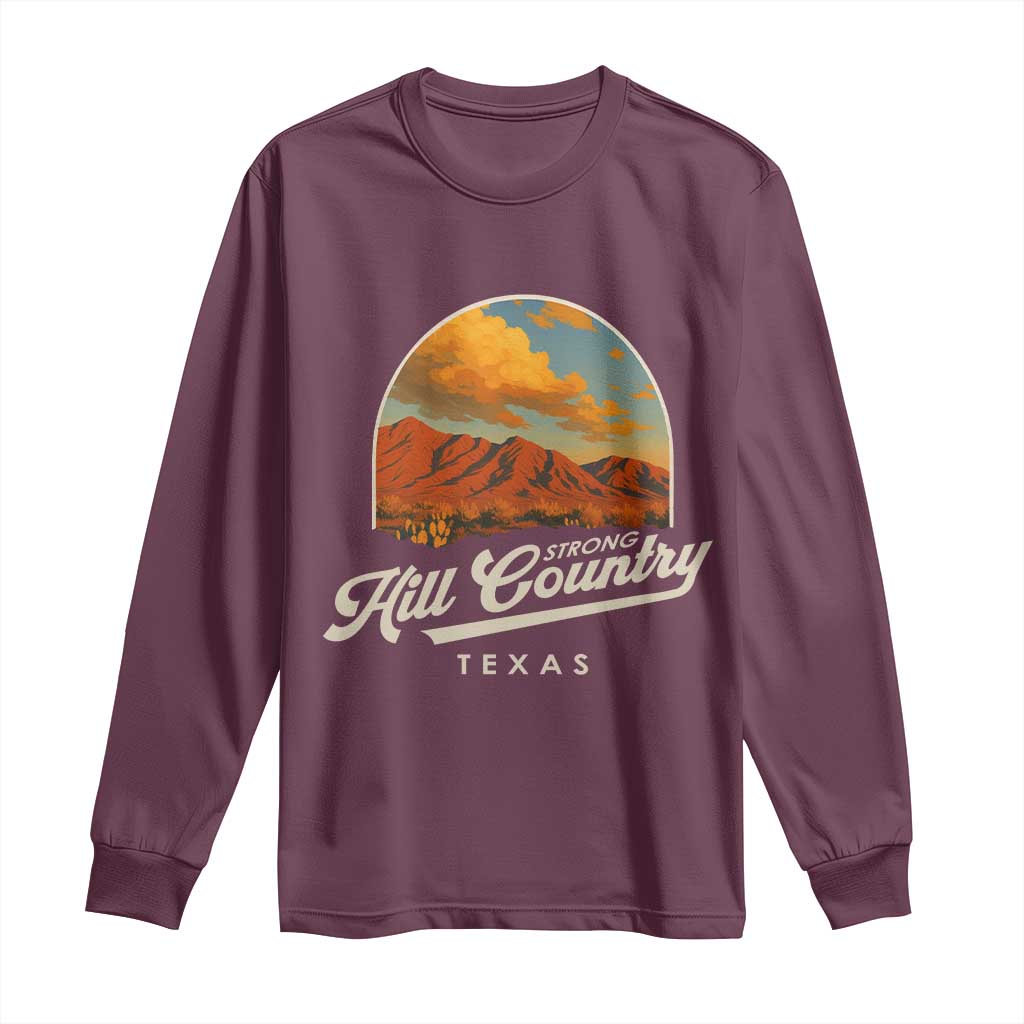 Maroon long sleeve shirt with desert mountain logo and 'Hill Country Strong Texas' print