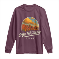 Maroon long sleeve shirt with desert mountain logo and 'Hill Country Strong Texas' print