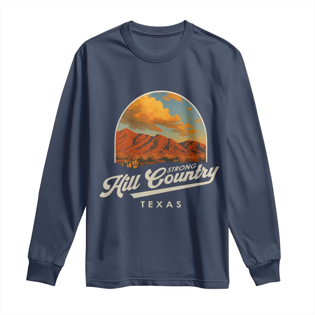 Navy long sleeve shirt with desert mountain logo and 'Hill Country Strong Texas' print
