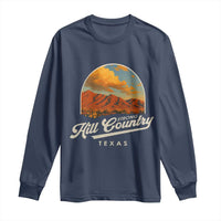 Navy long sleeve shirt with desert mountain logo and 'Hill Country Strong Texas' print