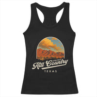 Black racerback tank top with front Texas landscape graphic