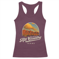 Maroon racerback tank top with front Texas landscape graphic