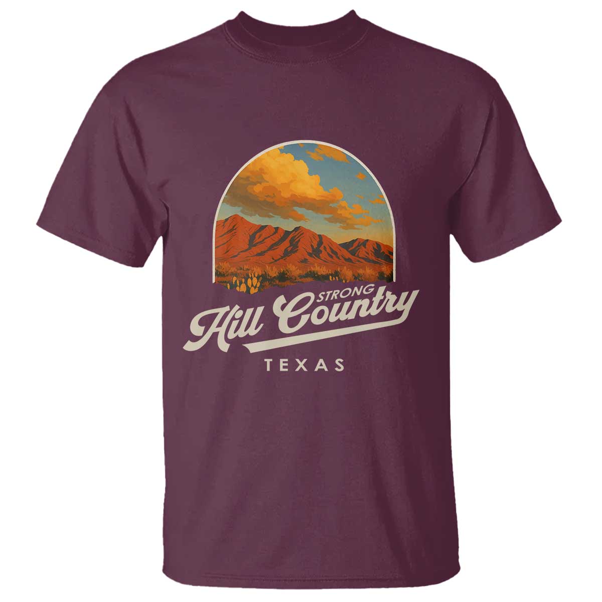Maroon crewneck graphic T-shirt with Hill Country Texas logo and mountain art