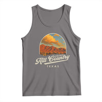Heather gray sleeveless tank top with scoop neck and front landscape Texas graphic
