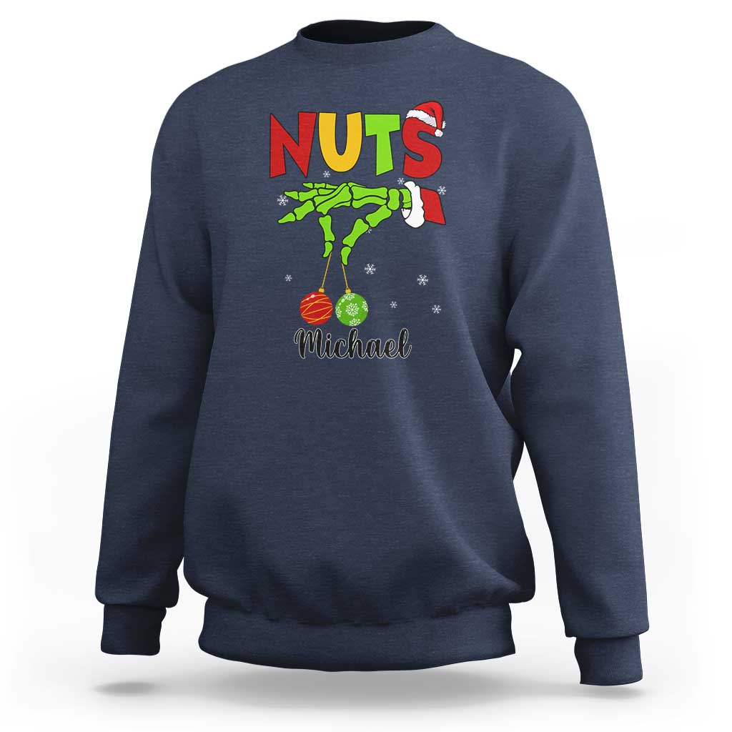 Royal blue crewneck sweatshirt with “NUTS” holiday graphic and personalized “Michael” text