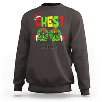 Dark chocolate crewneck sweatshirt with 'CHEST' and 'Sarah' Christmas graphic on front