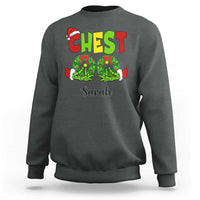 Dark heather crewneck sweatshirt with 'CHEST' and 'Sarah' Christmas graphic on front
