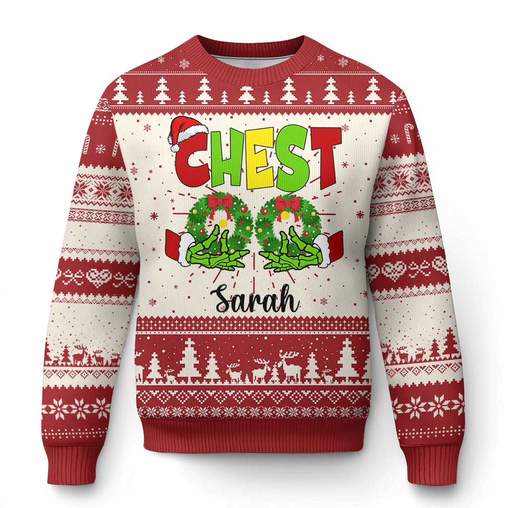Red Christmas sweater with 'CHEST' front graphic and custom name 'Sarah' at chest