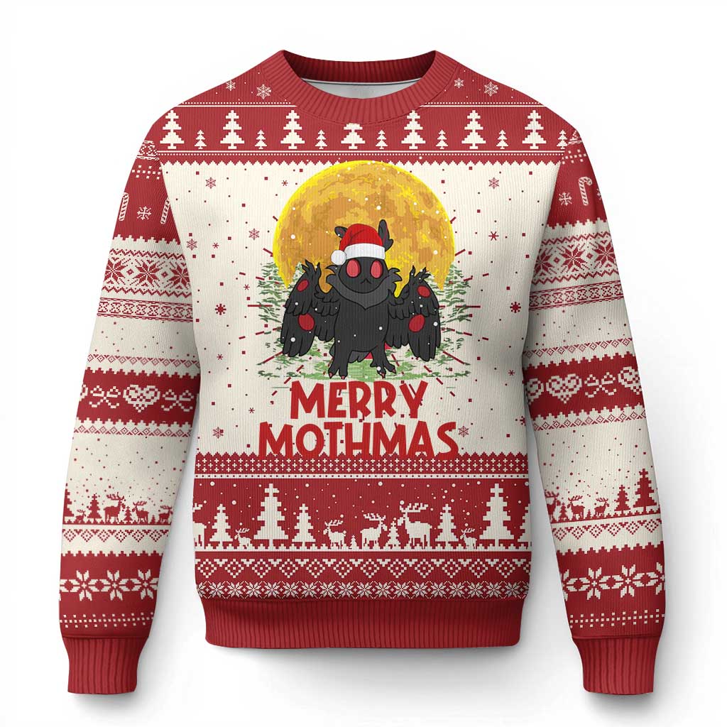 Red and cream ugly Christmas sweater with mothman, moon, and Merry Mothmas text.
