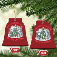 Two red bell-shaped Christmas ornaments with skeleton scene; front and back shown