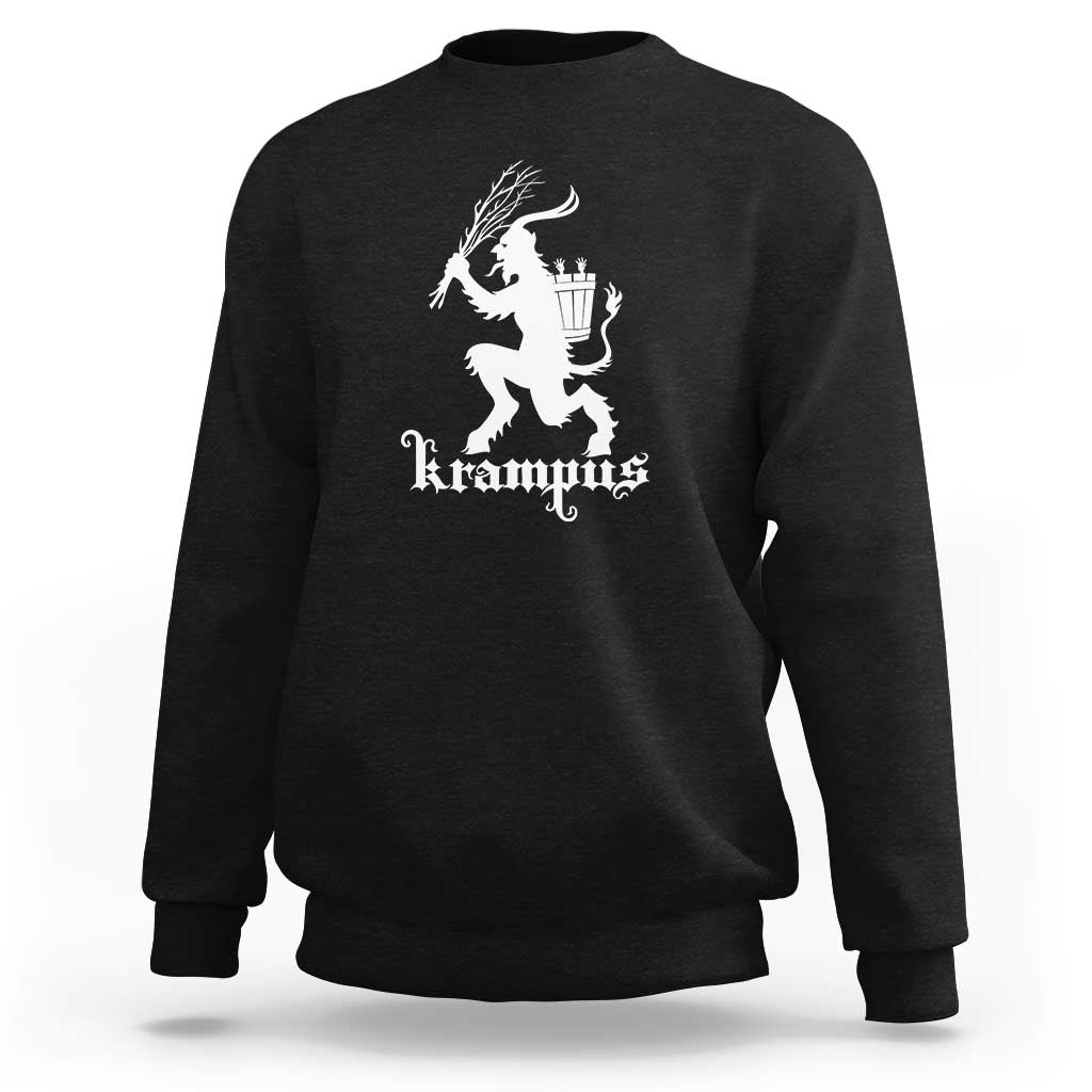 Black crewneck sweatshirt with white Krampus graphic on the back.