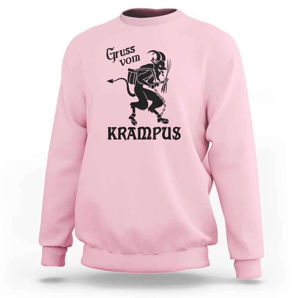 Light pink crewneck sweatshirt with Krampus graphic and 'Gruss von' text on front