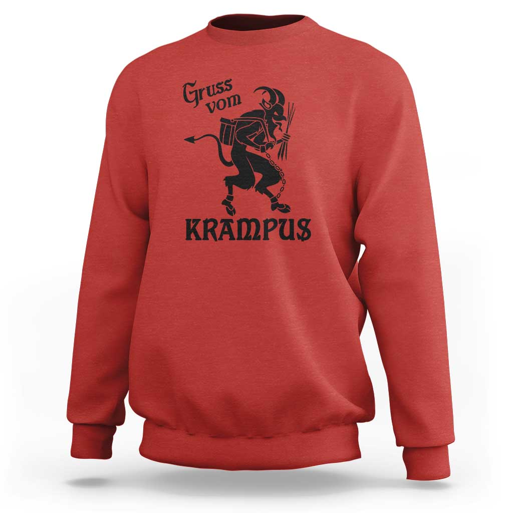 Red crewneck sweatshirt with Krampus graphic and 'Gruss von' text on front